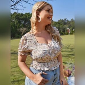 Cropped Floral Shirred Peasant Blouse